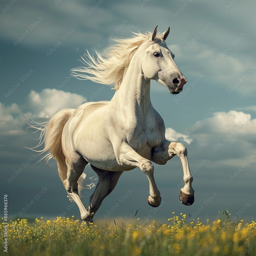 White Horse Galloping Through Field on Sunny Day White Horse Galloping Through Field on Sunny Day