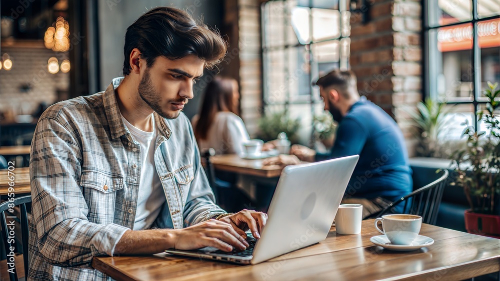 Student Typing on Laptop in Cafe: A student working on a laptop in a cafe, combining study with a social setting.
Student Typing on Laptop in Cafe: A student working on a laptop in a cafe, combining study with a social setting.