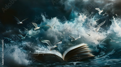 Open Book With Seagulls Flying Over Dramatic Waves