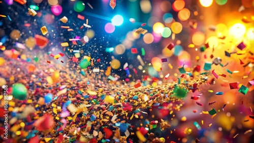 Vibrant, swirling confetti explosion in mid-air, blurred background emphasizing dynamic movement and joyous celebration, capturing pure, unbridled festive energy.