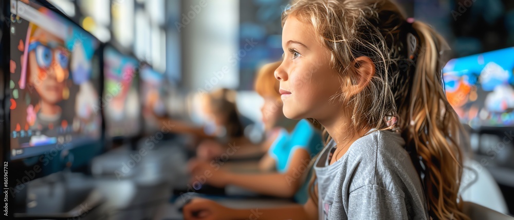 Young girl in a classroom looking at a computer screen, focused on learning. Young girl in a classroom looking at a computer screen, focused on learning.