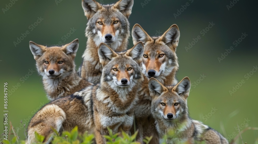 Obraz premium A family of coyotes that faithfully protect their territory