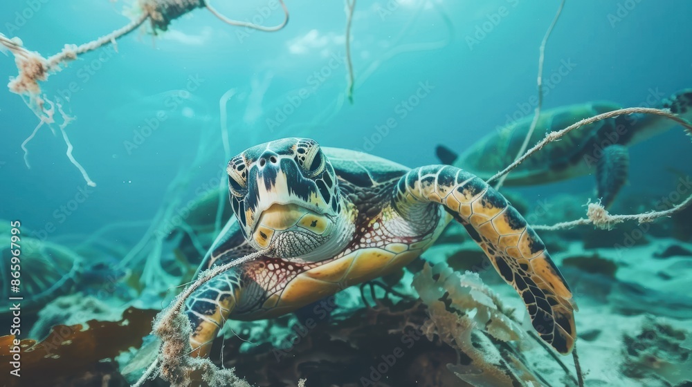 Fototapeta premium Sea turtle entangled in plastic debris, wildlife impact, ecological disaster