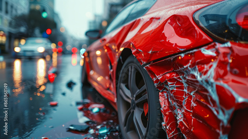 Red car with rear-end damage from a traffic accident, shown in close-up with blurred traffic in the background. The damaged area is wet, indicating recent rain