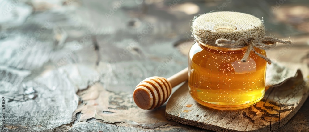 Jar of honey with a honey dipper on a rustic table, natural sweetness, organic honey Jar of honey with a honey dipper on a rustic table, natural sweetness, organic honey