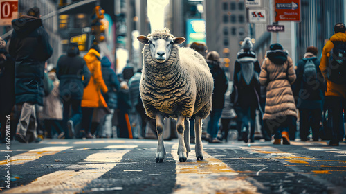 A scene where a sheep stands on a road in the city where people come and go, looking at you photo