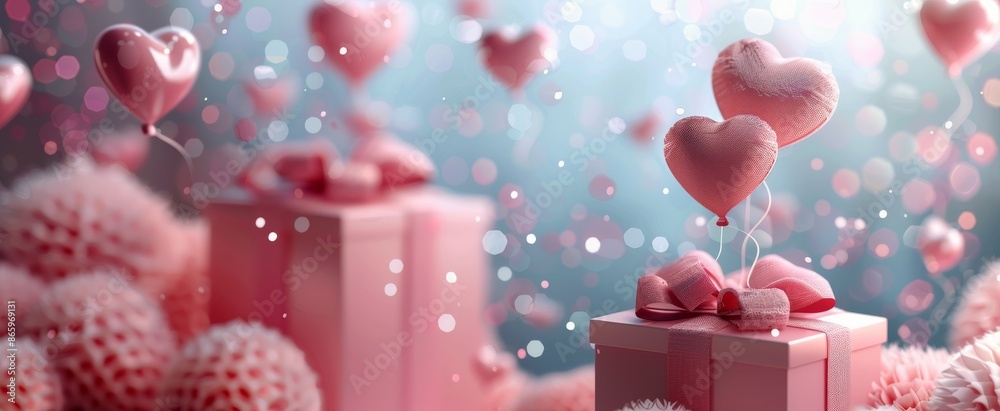 Pink Heart Balloons Float Over Gift Boxes With Glitter Pink Heart Balloons Float Over Gift Boxes With Glitter