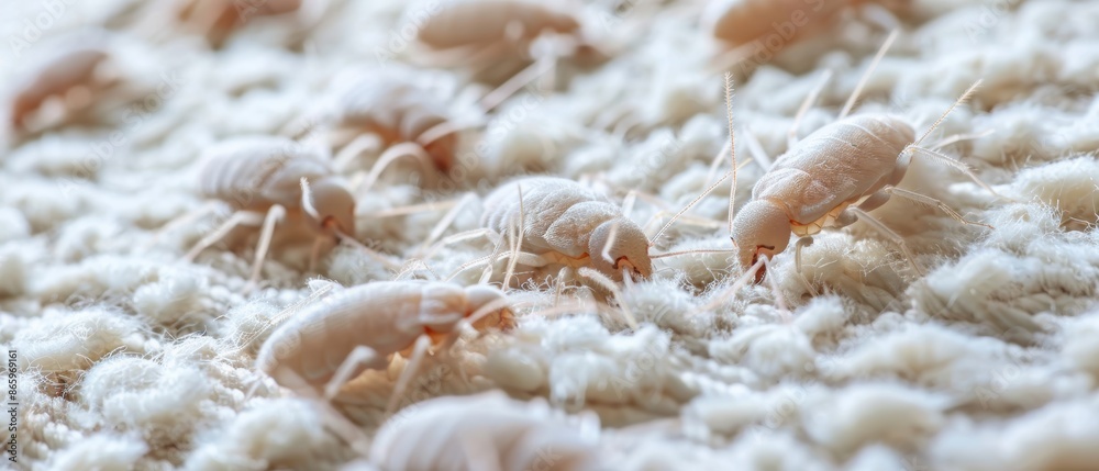 Dust mites on a bedroom rug, floor allergens, household infestation Dust mites on a bedroom rug, floor allergens, household infestation
