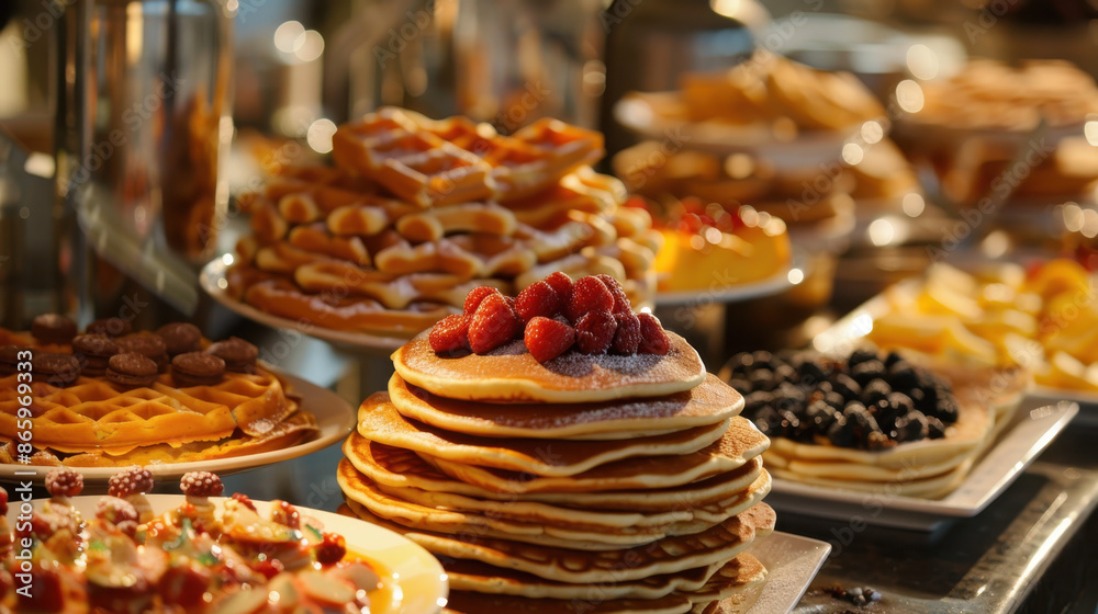 Pancake and waffle breakfast buffet with strawberries, blackberries, and assorted toppings Pancake and waffle breakfast buffet with strawberries, blackberries, and assorted toppings