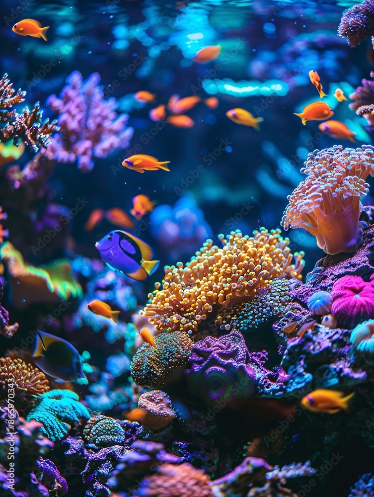 Fototapeta premium A lively coral reef featuring a diverse array of vibrant corals and tiny fish in seclusion.