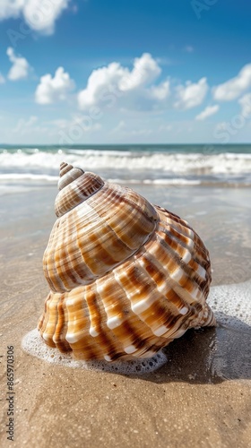 A beautiful large shell or clam on the seashore against the background of a wave. The concept of relaxation, harmony, and travel.