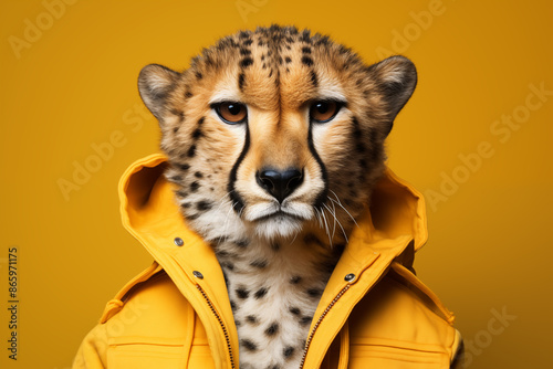 A close-up portrait of a cheetah wearing sportswear.