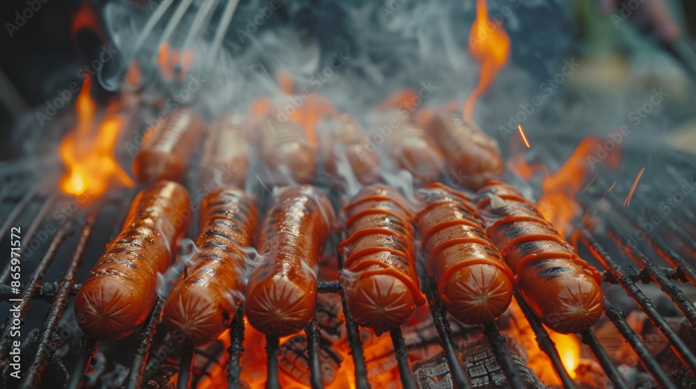 Delicious hot dogs grilling over open fire, smoke rising, dark background, detailed textures, mouthwatering and appetizing scene Delicious hot dogs grilling over open fire, smoke rising, dark background, detailed textures, mouthwatering and appetizing scene