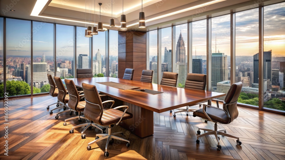 Modern sleek conference room with large wooden table, leather chairs, and city skyline view through floor-to-ceiling windows. Modern sleek conference room with large wooden table, leather chairs, and city skyline view through floor-to-ceiling windows.