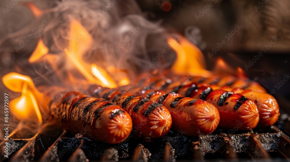 Grilled hot dogs with flames and smoke, dark background, detailed textures, visually appealing and mouthwatering Grilled hot dogs with flames and smoke, dark background, detailed textures, visually appealing and mouthwatering