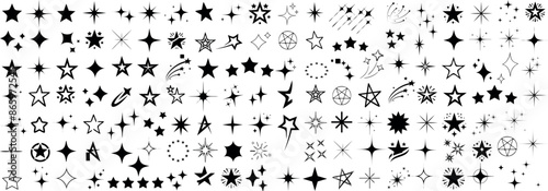 Star and sparkle icon set. Diverse star shapes for design, decoration, and celestial themes. sparkling star for logos, icons, and illustrations photo