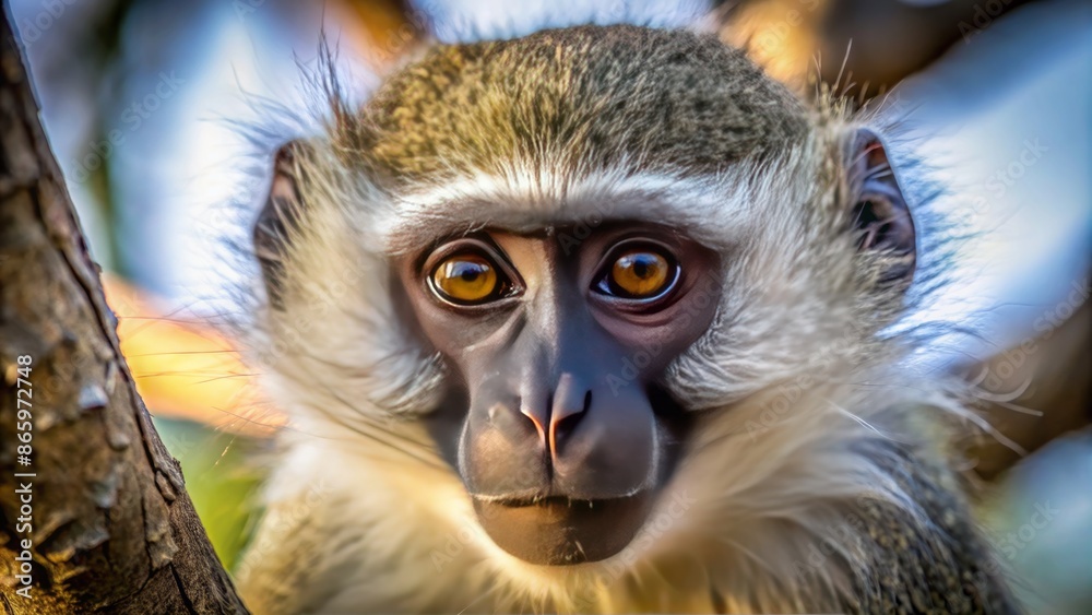 Fototapeta premium A vervet monkey's facial features and fur details are showcased in a close-up shot as it perches calmly in a tree branch.