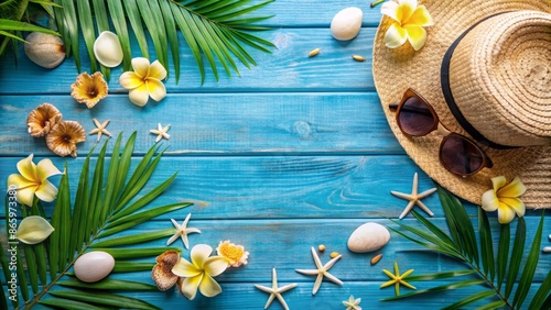 Vibrant blue background adorned with palm leaves, straw hat, sunglasses, seashells, and fragrant plumeria flowers evoke a serene tropical paradise atmosphere. photo