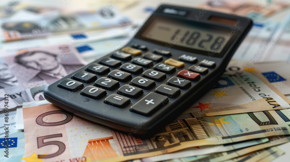 Detail shot of a calculator with European banknotes on a white background, flat lay, closeup front view at a 2/3 angle. Financial concept, money management, budgeting, and accounting tools.