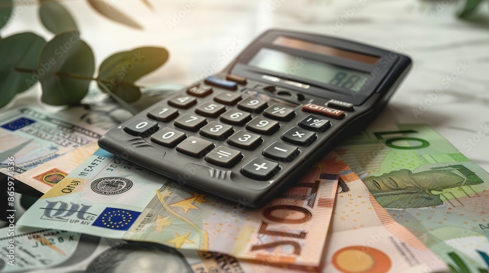 Detail shot of a calculator with European banknotes on a white background, flat lay, closeup front view at a 2/3 angle. Financial concept, money management, budgeting, and accounting tools. Detail shot of a calculator with European banknotes on a white background, flat lay, closeup front view at a 2/3 angle. Financial concept, money management, budgeting, and accounting tools.