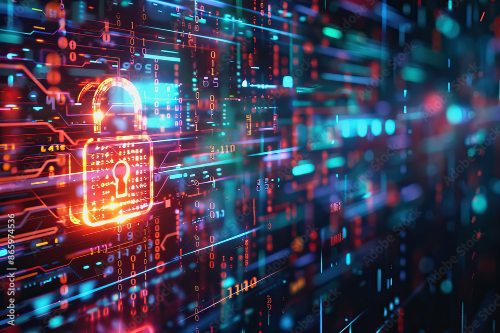 Holographic padlock amidst data streams and binary code in high-tech security setting Holographic padlock amidst data streams and binary code in high-tech security setting