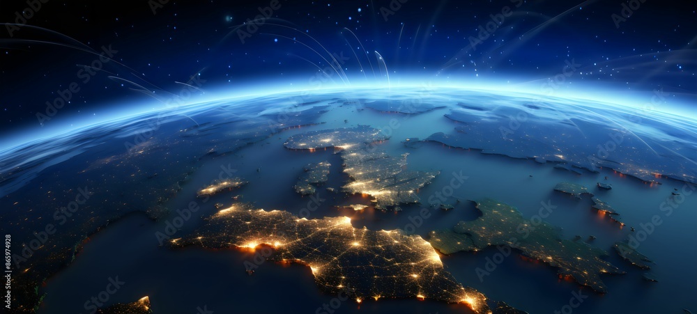 Fototapeta premium Blockchain and Earth: 3D Space Illustration of Global Networks