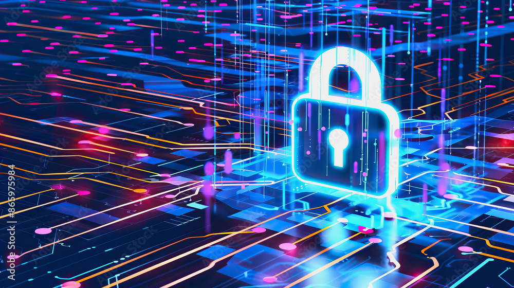 Neon-lit padlock with data lines and binary code in digital space Neon-lit padlock with data lines and binary code in digital space