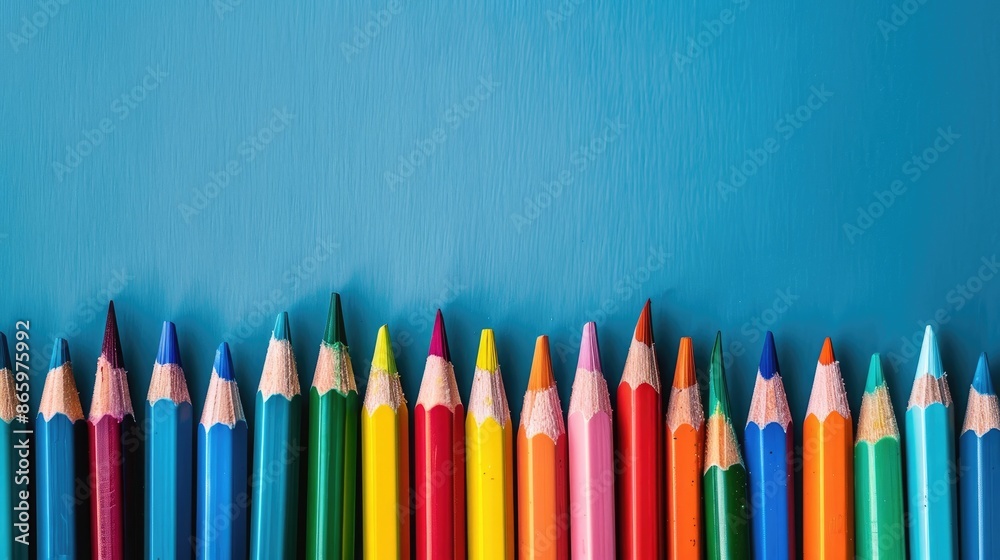 Colorful pencils displayed on a blue backdrop Colorful pencils displayed on a blue backdrop