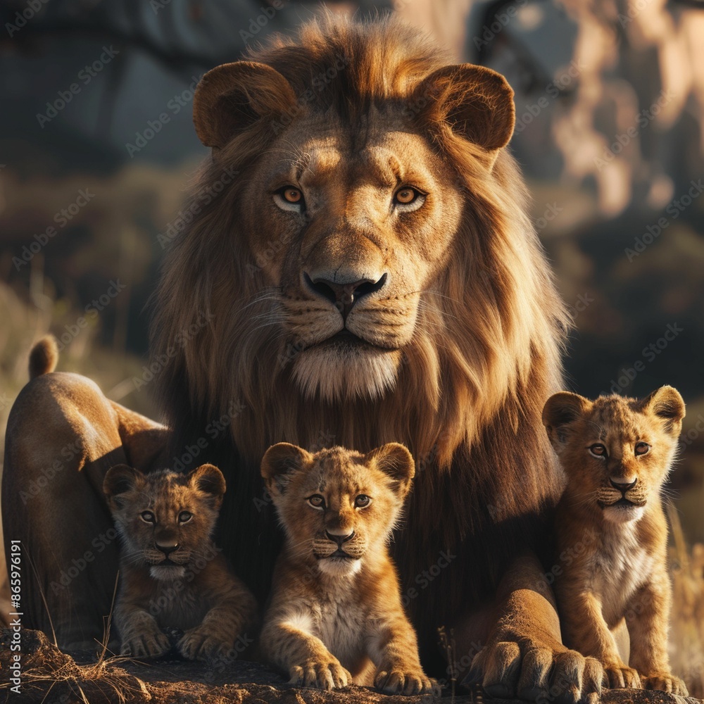Male Lion With Three Cubs in African Savanna at Sunset Male Lion With Three Cubs in African Savanna at Sunset