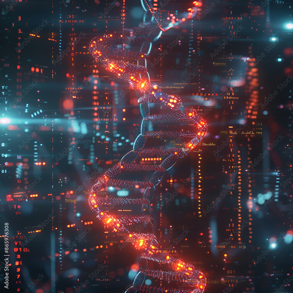 Obraz premium Futuristic city skyline with DNA strand in foreground.