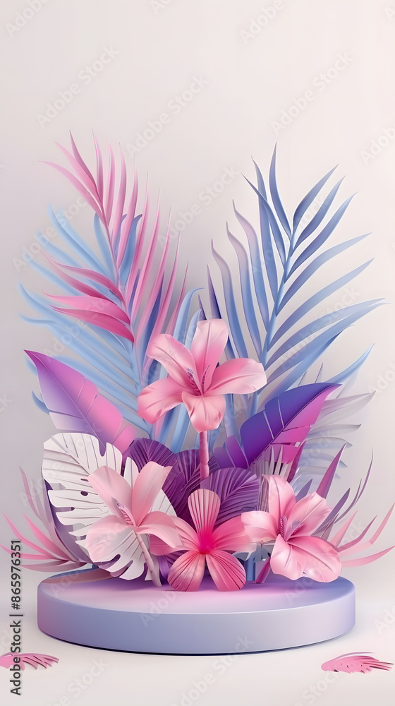 Realistic product podium with fantastic tropical leaves. Product podium scene design to showcase your product. Realistic 3d vector illustration Realistic product podium with fantastic tropical leaves. Product podium scene design to showcase your product. Realistic 3d vector illustration