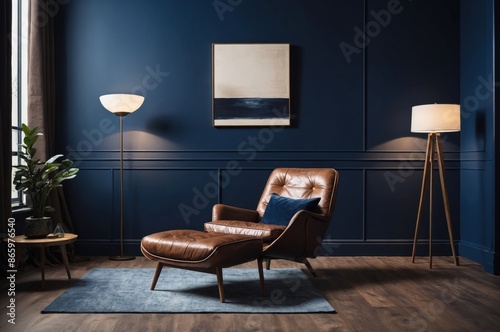 Modern living room with leather armchair blue walls rug and minimalist painting create cozy atmosphere photo