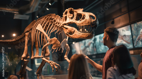 A family marvels at a towering dinosaur skeleton in a museum exhibit. photo