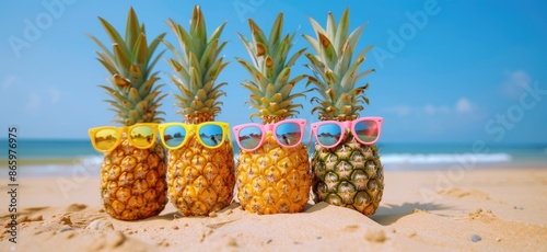 pineapples wearing colorful sunglasses on a sandy beach with turquoise sea and clear blue sky, summer travel background.