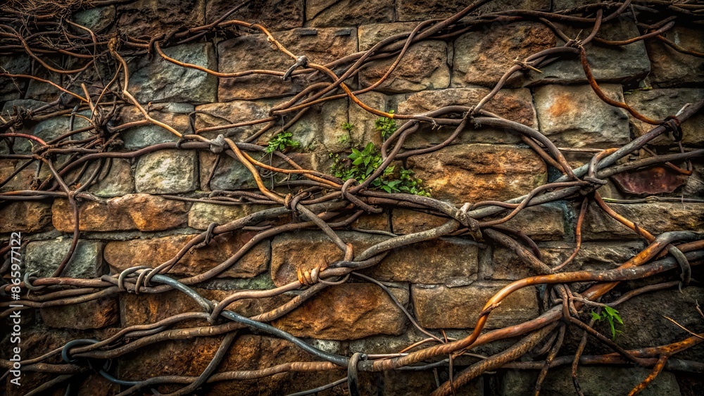Dark ominous background with tangled thorns and twisted vines creeping ...