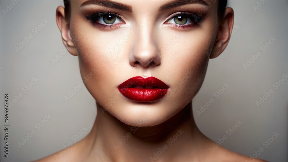 Luxurious crimson lips shape, flawless skin, and bold red lipstick occupy the center of a stark white background, evoking sultriness. Luxurious crimson lips shape, flawless skin, and bold red lipstick occupy the center of a stark white background, evoking sultriness.