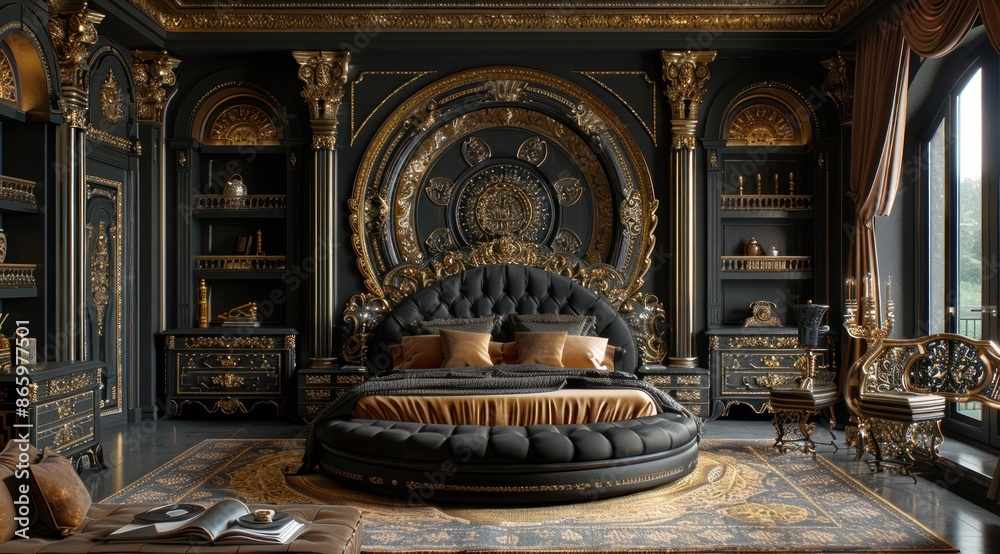 Royal luxury bedroom interior design, modern black and golden interior ...