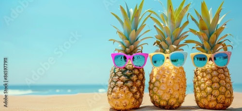 pineapples wearing colorful sunglasses on a sandy beach with turquoise sea and clear blue sky, summer travel background.