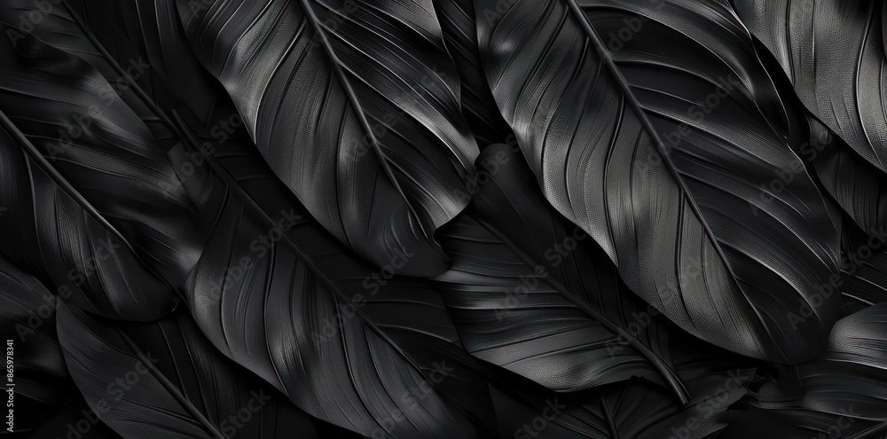 This photo features a cluster of black leaves adorned with glistening water droplets This photo features a cluster of black leaves adorned with glistening water droplets