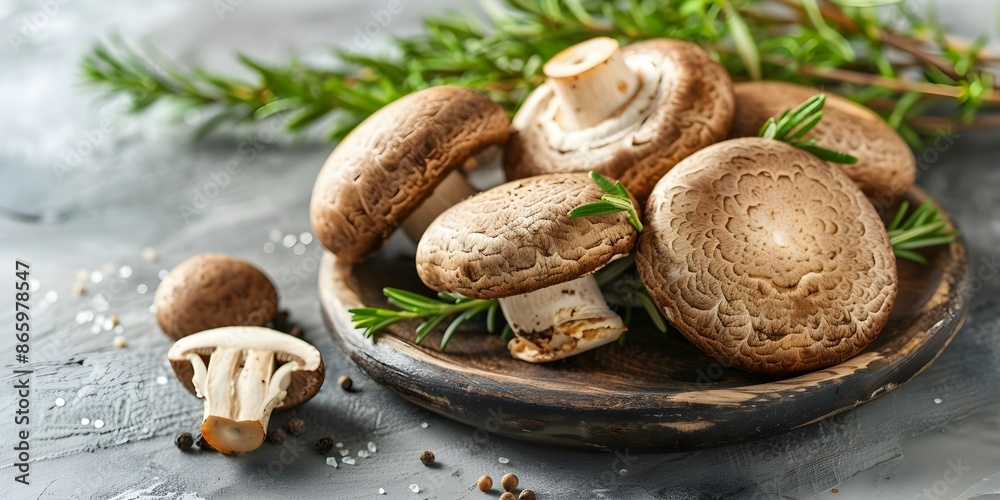 Shiitake Mushrooms and Herbs on a Wooden Plate Exploring Food and Health. Concept Food Photography, Shiitake Mushrooms, Herbs, Wooden Plate, Health Benefits Shiitake Mushrooms and Herbs on a Wooden Plate Exploring Food and Health. Concept Food Photography, Shiitake Mushrooms, Herbs, Wooden Plate, Health Benefits