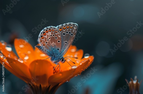 Blue Butterfly Perched on Dewy Orange Flower in Nature