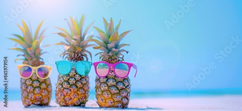 pineapples wearing colorful sunglasses on a sandy beach with turquoise sea and clear blue sky, summer travel background.