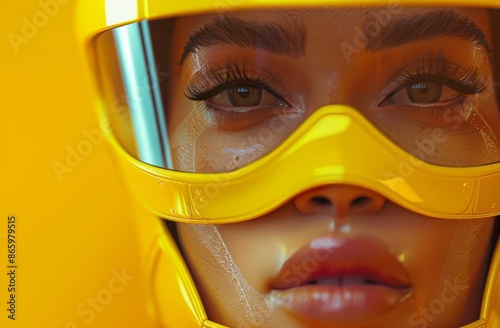 Woman In Yellow Helmet With Gold Makeup Posing Against Yellow Background