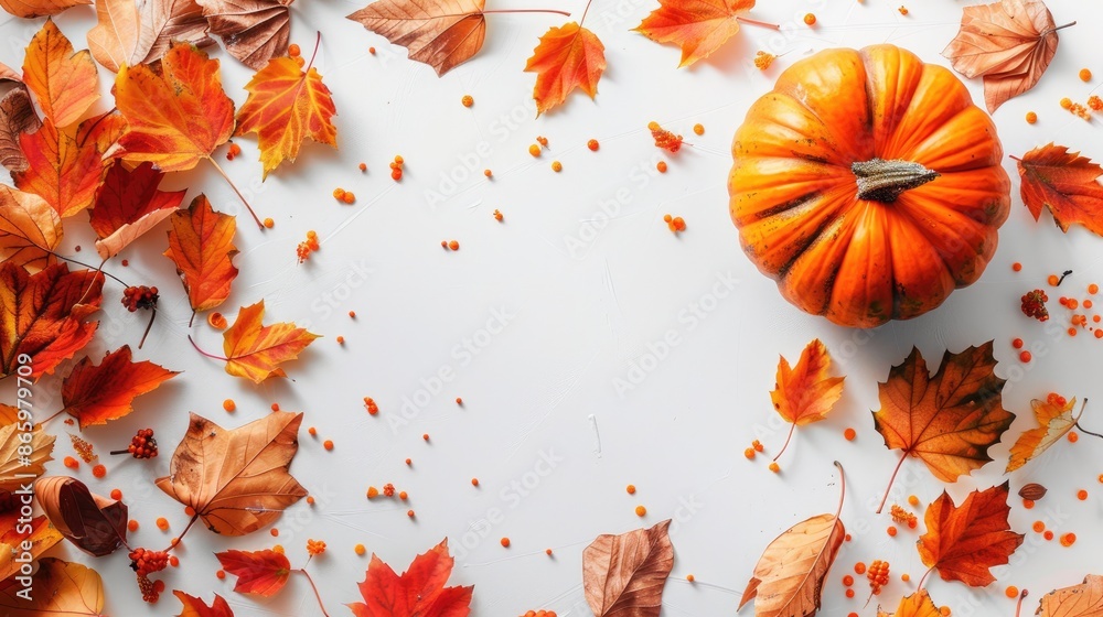Autumn themed flat lay design with a decorated pumpkin and leaves Autumn themed flat lay design with a decorated pumpkin and leaves