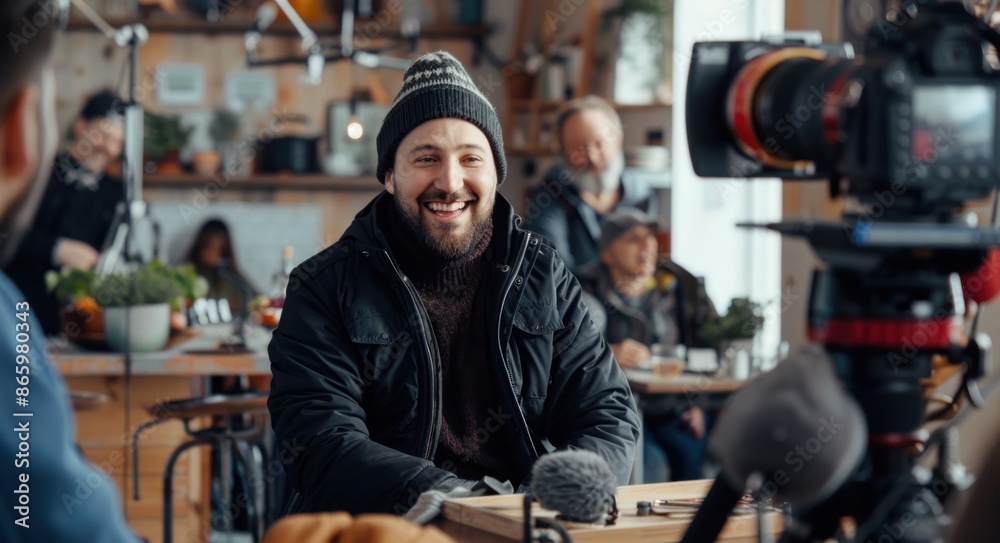 A videographer setting up his camera to record an interview, with the subject in the foreground A videographer setting up his camera to record an interview, with the subject in the foreground