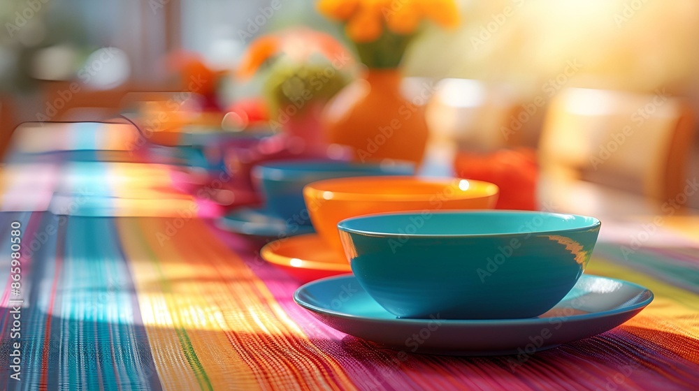 Colorful table set with cups and saucers in various Colorful table set with cups and saucers in various