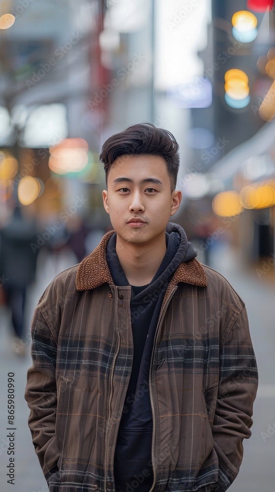 A young man wearing a plaid jacket stands in a city street A young man wearing a plaid jacket stands in a city street