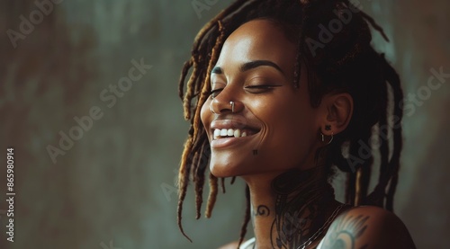 Portrait of a Smiling Woman With Dreads and Tattoos