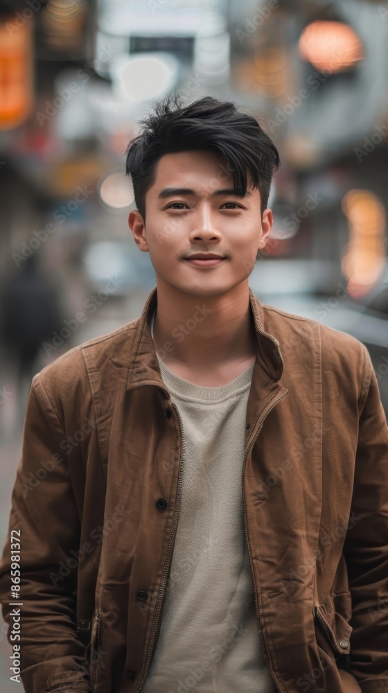 A young man in a brown jacket stands in a city A young man in a brown jacket stands in a city