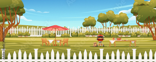BBQ party in the garden, with a grill, table, chairs, and a sun umbrella. Blue sky, fence and trees on scenery landscape background. Vector illustration